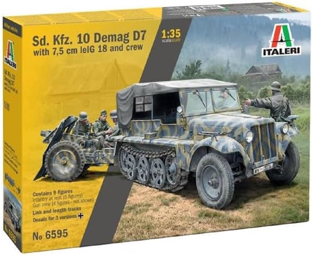 Italeri 6595 SD.Kfz. 10 DEMAG D7 with 7.5 cm Le. IG 18 and Crew, 1:35 Scale, Model Kit, Plastic Model to Assemble, Modeling, IT6595