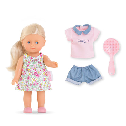 Les Trendies Corolline Rosy Miniwelt Set, Vollvinylpuppe mit langem Haar, Bürste, extra Outfit in Geschenkbox, 4 Teile, Vanilleduft, 20cm, ab 3 Jahren