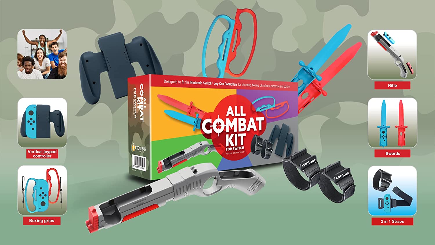 All Combat Kit for Switch - 8 in 1 with Swords, Rifle, Boxing Grips, Vertical Joypad & Leg/Arm Straps