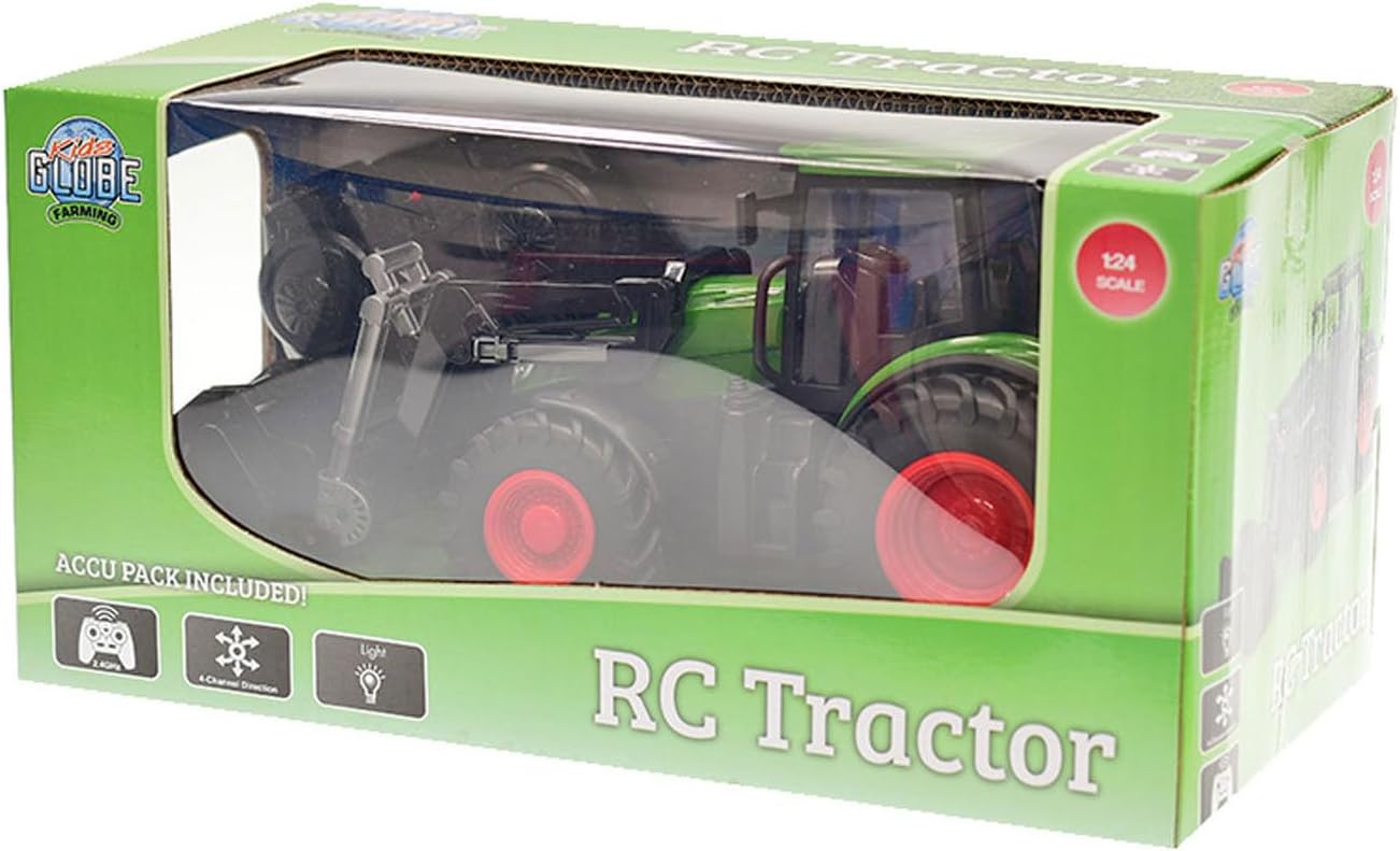 Kids Globe RC Tractor 2.4 GHz (Bull Dog with Light and Front Loader, Length: 27 cm, Green, with Remote Control, from 6 Years) 510310