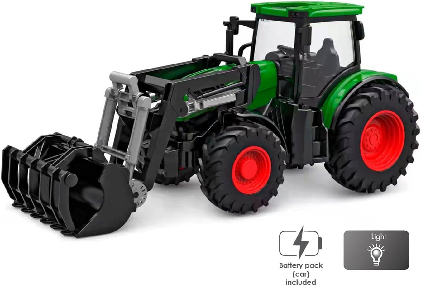 Kids Globe RC Tractor 2.4 GHz (Bull Dog with Light and Front Loader, Length: 27 cm, Green, with Remote Control, from 6 Years) 510310