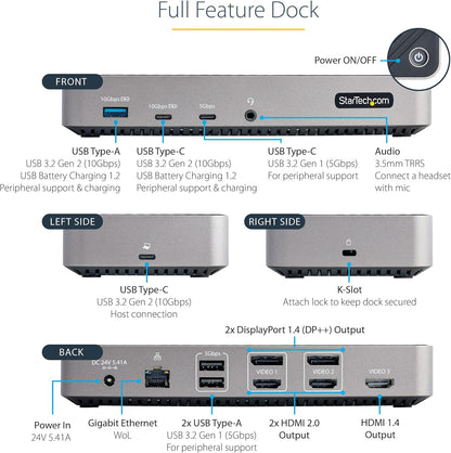 StarTech.com USB-C Triple Monitor Docking Station - HDMI/DP Triple 4k USB C Dock - 5x USB Hub - GbE - 100W PD - Universal Multi Monitor Docking Station - Thunderbolt 3/4 Compatible (116U-USBC-DOCK