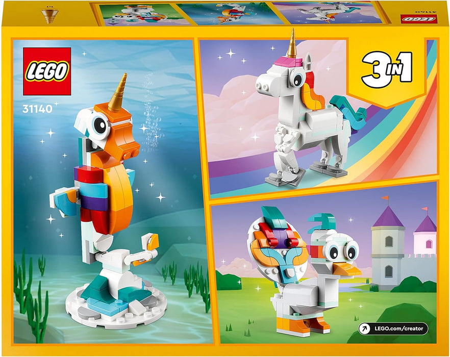 LEGO 31140 Creator 3 in 1 Magical Unicorn Toy to Seahorse to Peacock, Rainbow Animal Figures, Unicorn Gift for Girls and Boys, Buildable Toys