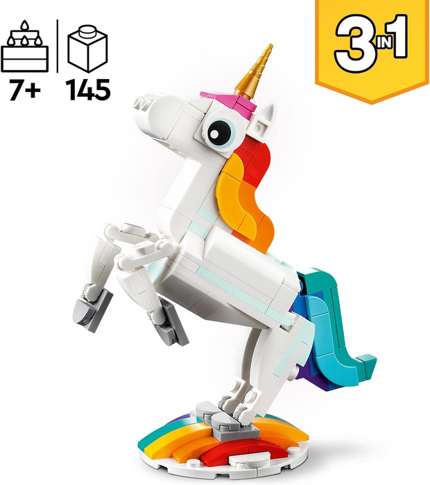 LEGO 31140 Creator 3 in 1 Magical Unicorn Toy to Seahorse to Peacock, Rainbow Animal Figures, Unicorn Gift for Girls and Boys, Buildable Toys