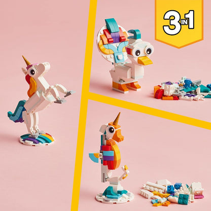 LEGO 31140 Creator 3 in 1 Magical Unicorn Toy to Seahorse to Peacock, Rainbow Animal Figures, Unicorn Gift for Girls and Boys, Buildable Toys