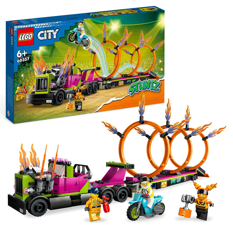 LEGO 60357 City Stuntz Stunt Truck & Ring of Fire Challenge with Flywheel-Powered Motorbike Toy and Minifigures, Fun Gift for Kids Aged 6 Plus, 2023 Set Single