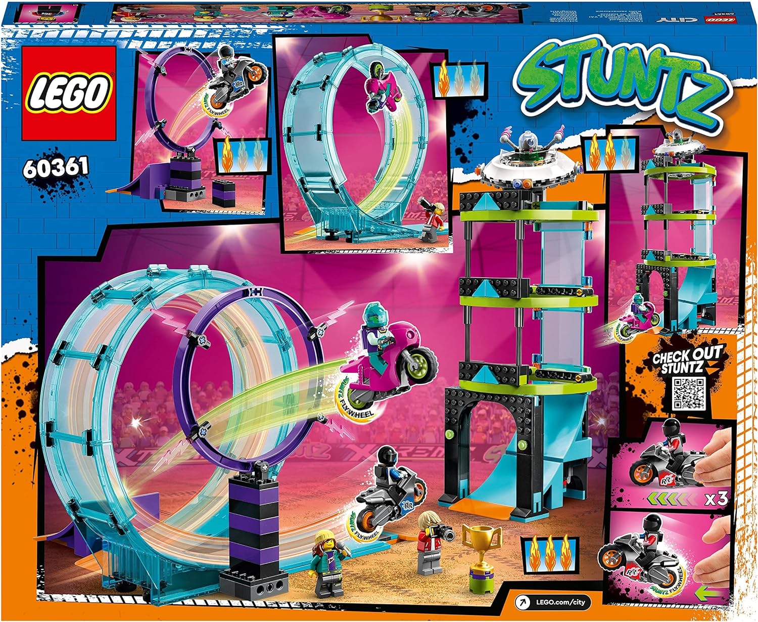 LEGO 60361 City Stuntz Ultimative Stuntfahrer-Challenge, 3in1 Stunts für 1 oder 2 Spieler Action, mit 2 schwungradbetriebenen Spielzeug-Motorrädern für Kinder, 2023 Set