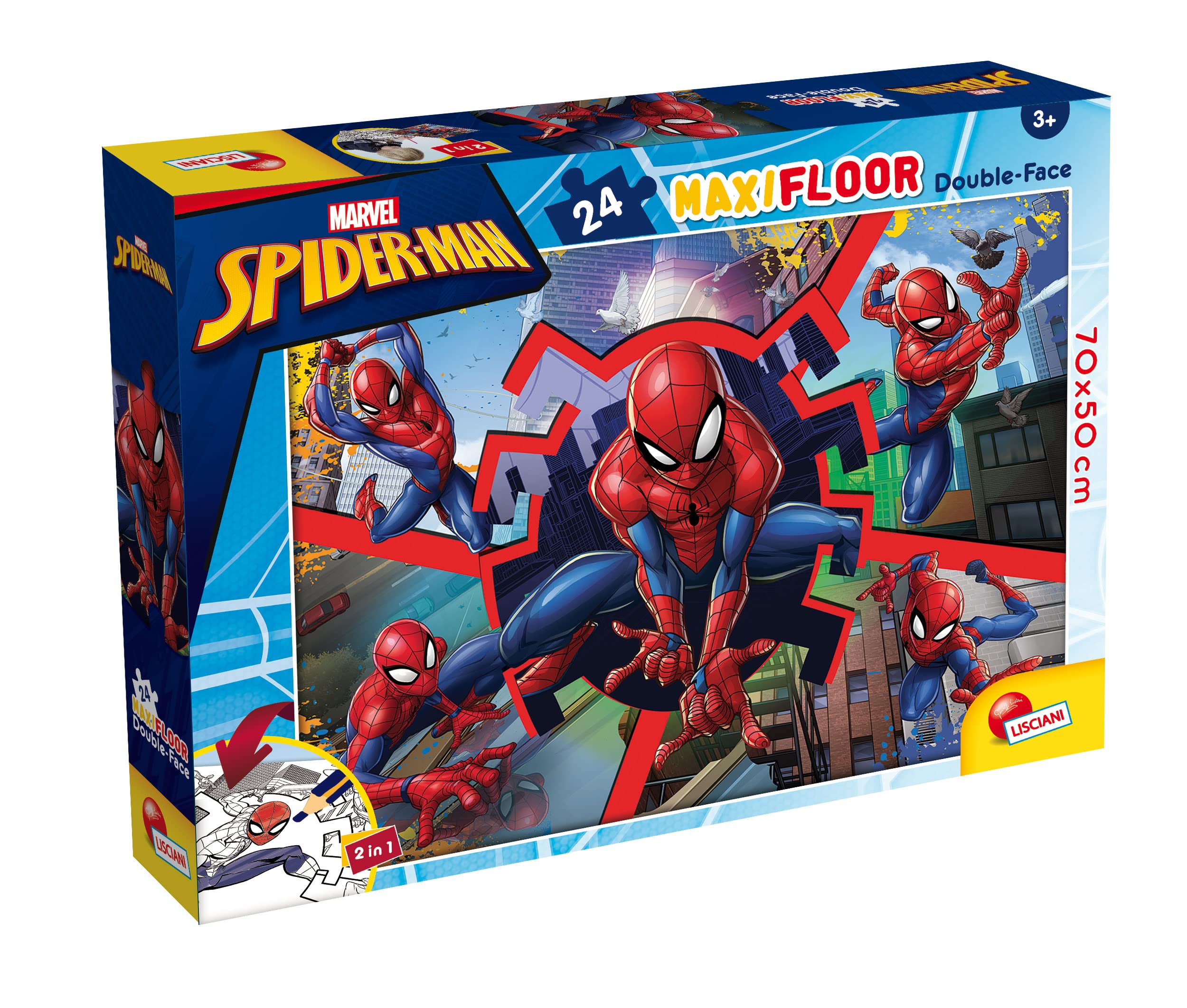 Liscianigiochi - Marvel Puzzle DF, 99740 - Doppelseitiges MAXIFLOOR Puzzle 24 Teile - Spiderman - 70x50 cm - Fördert Feinmotorik, Kreativität und Vorstellungskraft