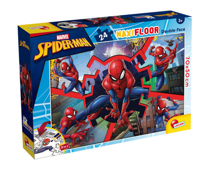 Liscianigiochi - Marvel Puzzle DF, 99740 - Doppelseitiges MAXIFLOOR Puzzle 24 Teile - Spiderman - 70x50 cm - Fördert Feinmotorik, Kreativität und Vorstellungskraft