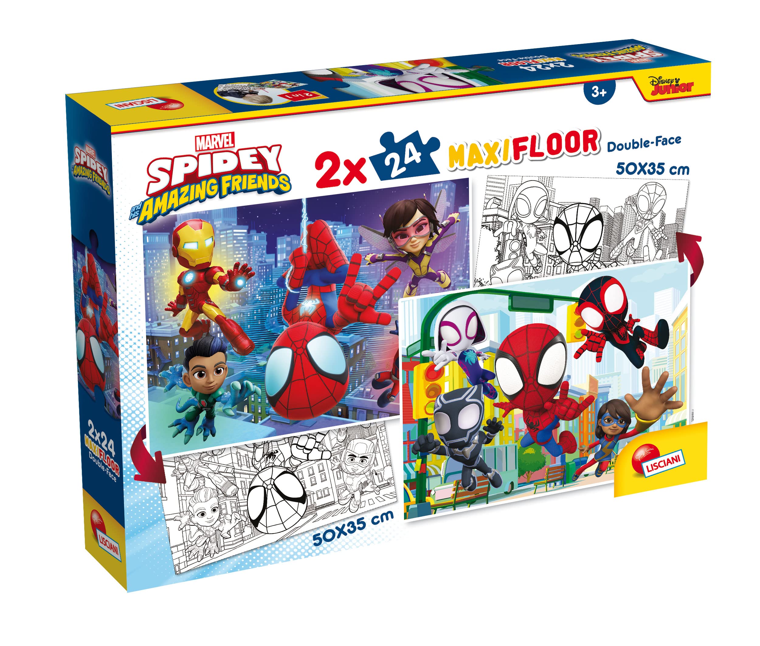 Lisciani - MARVEL - Spidey - Puzzle de 2x24 piezas - Puzzle 2 en 1 - Doble cara - Dorso para colorear - Juego educativo - A partir de 3 años - Fomenta la creatividad - 50 x 35 cm