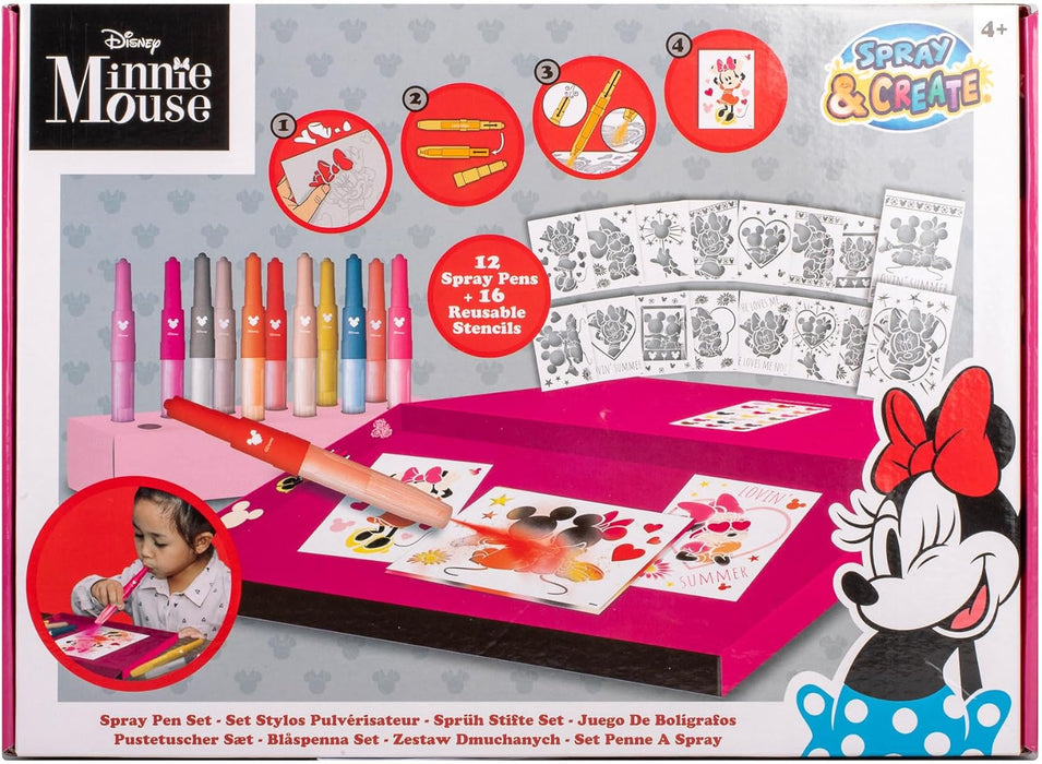 Disney - Minnie Mouse - Juego de bolígrafos con pulverizador Deluxe - Lápices para colorear para niños - Juego de lápices de colores y páginas para colorear - MM22368
