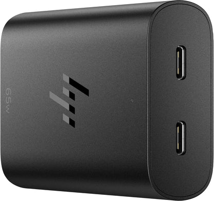 HP 65W GaN USB-C Laptop Charger (600Q8AA), 65 W Output Power, Connection Type is USB Type-C, 2 USB-C Ports, Fast Charging, Very light with 110 g Weight, One Year Limited Warranty.