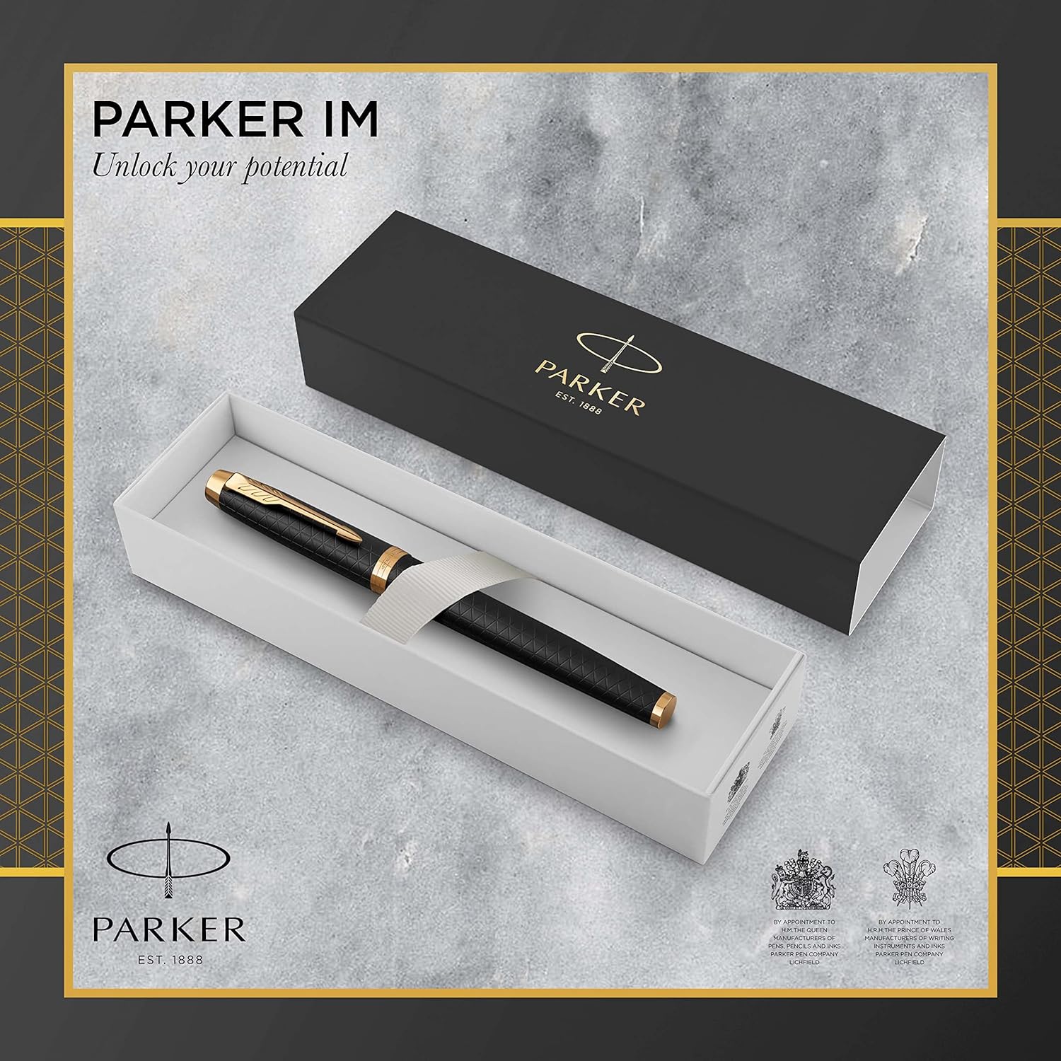 PARKER IM Fountain Pen, Premium Black, Medium Nib with Blue Ink Refill (1931653)