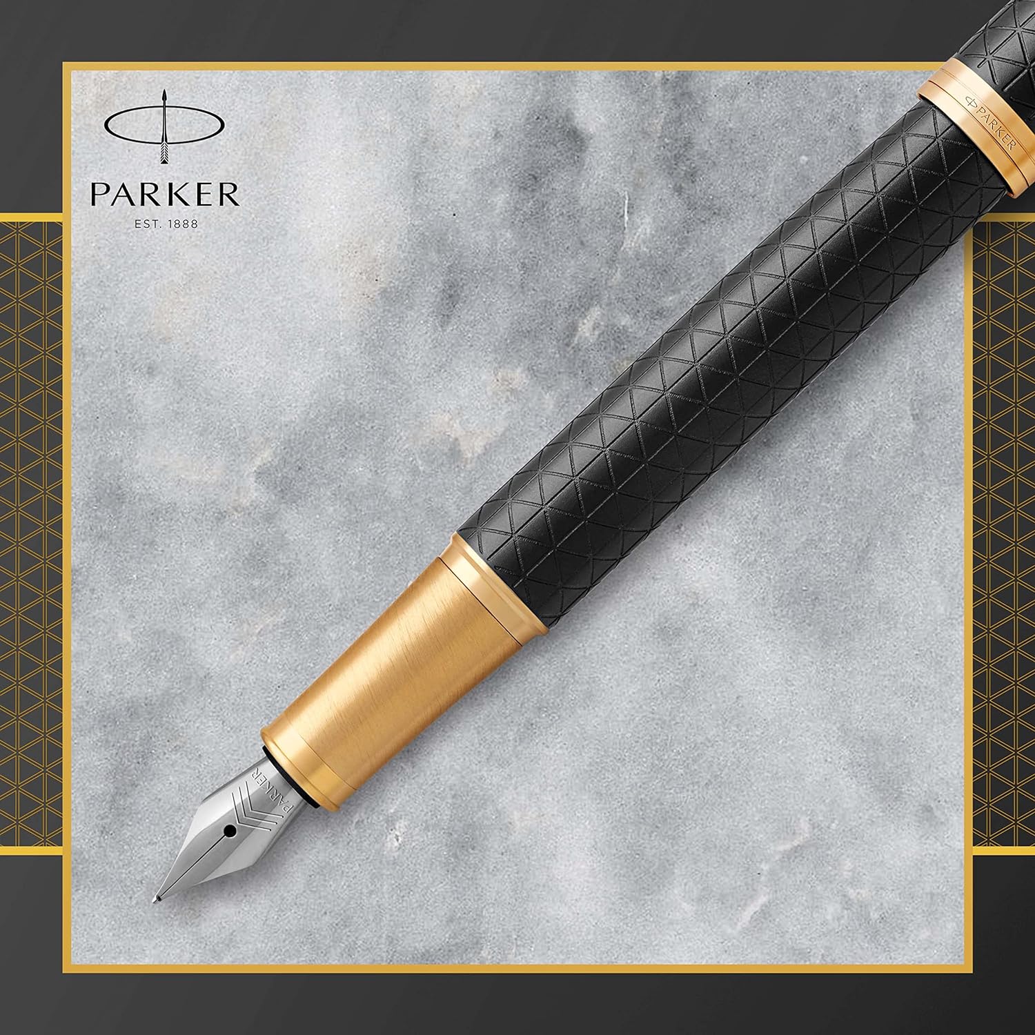 PARKER IM Fountain Pen, Premium Black, Medium Nib with Blue Ink Refill (1931653)