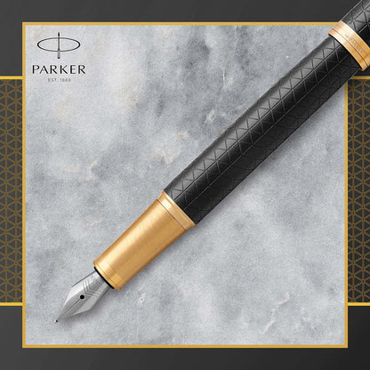 PARKER IM Fountain Pen, Premium Black, Medium Nib with Blue Ink Refill (1931653)