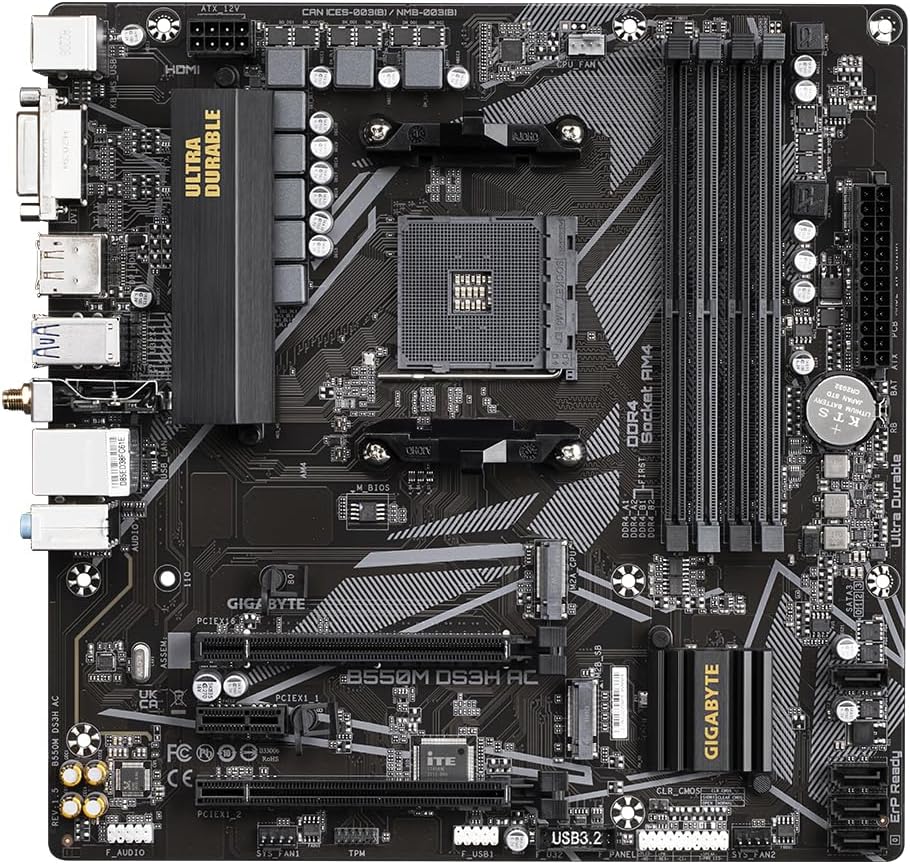 Gigabyte B550M DS3H AC Motherboard - Supports AMD Ryzen 5000 Series AM4 CPUs, 5+3 Phases Pure Digital VRM, up to 4733MHz DDR4 (OC), 2xPCIe 3.0 M.2, GbE LAN, USB 3.2 Gen1