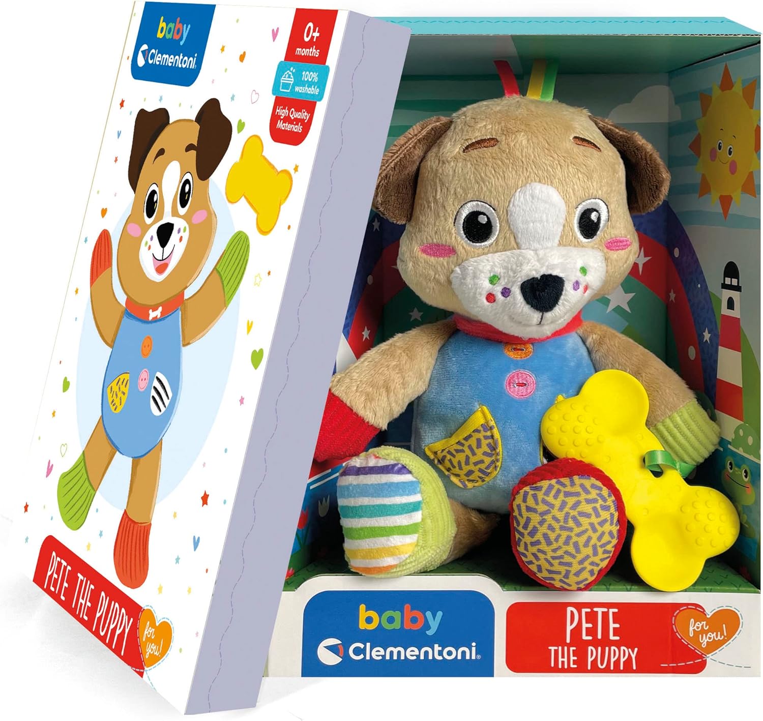 Clementoni - 17759 - Pete The Puppy - Toddler Toy, Plush Toy With Teething Pendant, Infant Toys, Activity Toys For 0 Months, Cuddly Toy, Animal Soft Toy, 100% Machine Washable