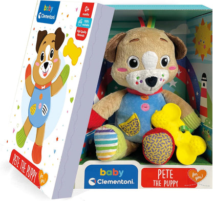 Clementoni - 17759 - Pete The Puppy - Toddler Toy, Plush Toy With Teething Pendant, Infant Toys, Activity Toys For 0 Months, Cuddly Toy, Animal Soft Toy, 100% Machine Washable