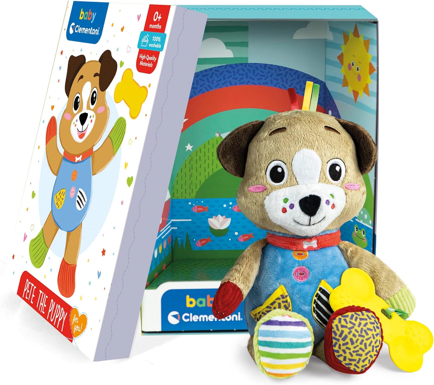Clementoni - 17759 - Pete The Puppy - Toddler Toy, Plush Toy With Teething Pendant, Infant Toys, Activity Toys For 0 Months, Cuddly Toy, Animal Soft Toy, 100% Machine Washable