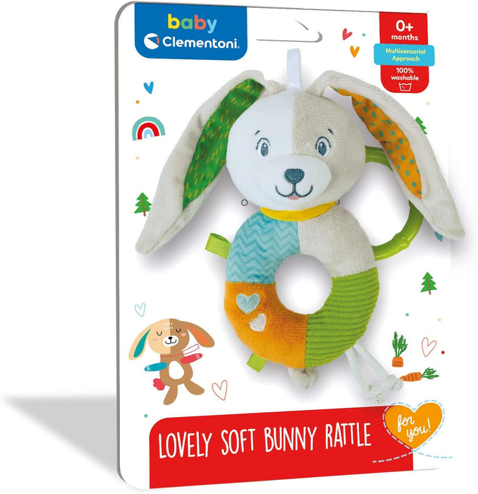 Clementoni - Lovely Bunny Soft Rattle Plush Toy Play Baby Rattle Stroller Ring Strengthens Motor and Sensory Skills, 100% Machine Washable, Multicoloured, 17787