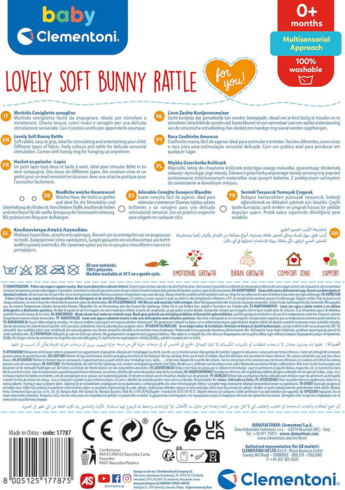 Clementoni - Lovely Bunny Soft Rattle Plush Toy Play Baby Rattle Stroller Ring Strengthens Motor and Sensory Skills, 100% Machine Washable, Multicoloured, 17787