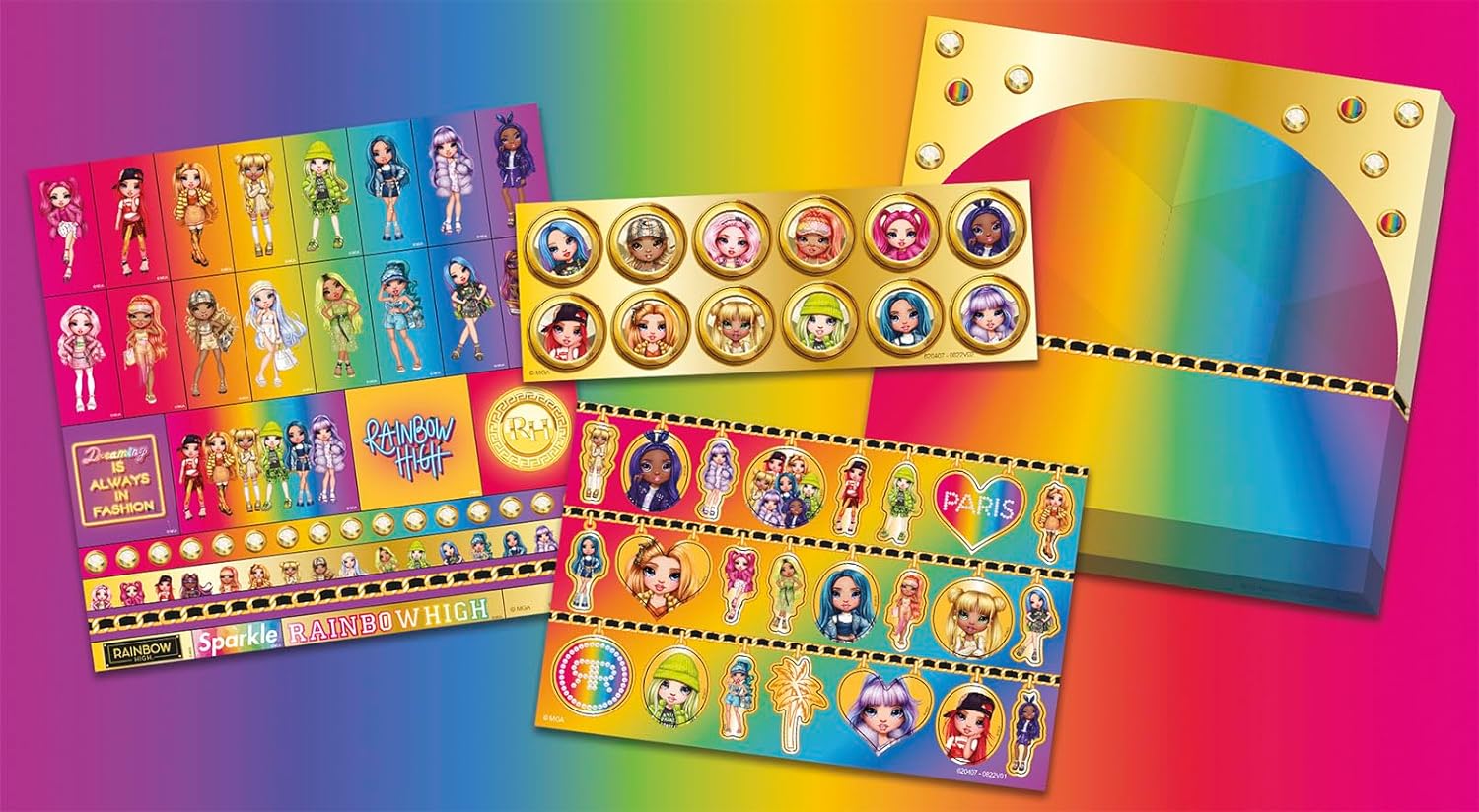 Totum Rainbow High Sticker Set, 3 Pages and Scenery Board, for Creativity, Scrapbooking or Decorating. Suits Ages 3 Years +