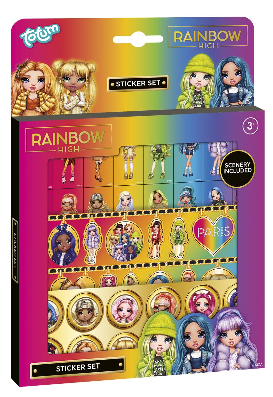 Totum Rainbow High Sticker Set, 3 Pages and Scenery Board, for Creativity, Scrapbooking or Decorating. Suits Ages 3 Years +