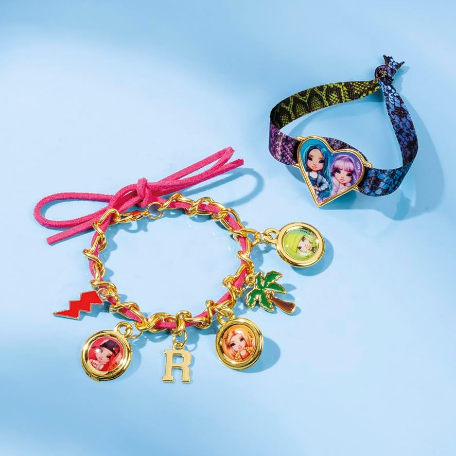 Totum Regenboog hoge bedelarmband, knutselset, maak 2 bedelarmbanden, met luxe satijnen lint en goudkleurige schakelarmband met suedinekoord, stickers en bedels, geschikt voor kinderen vanaf 5 jaar