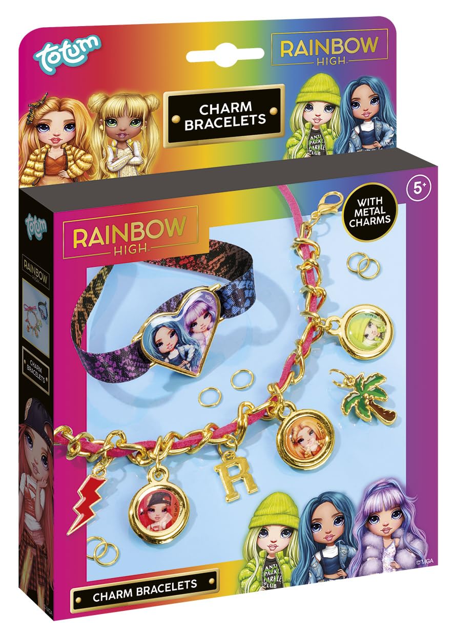 Totum Regenboog hoge bedelarmband, knutselset, maak 2 bedelarmbanden, met luxe satijnen lint en goudkleurige schakelarmband met suedinekoord, stickers en bedels, geschikt voor kinderen vanaf 5 jaar