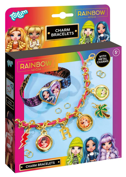 Totum Regenboog hoge bedelarmband, knutselset, maak 2 bedelarmbanden, met luxe satijnen lint en goudkleurige schakelarmband met suedinekoord, stickers en bedels, geschikt voor kinderen vanaf 5 jaar