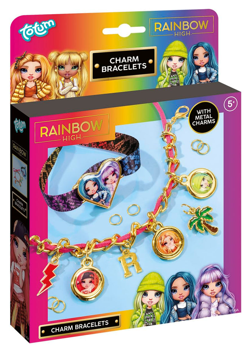 Totum Regenboog hoge bedelarmband, knutselset, maak 2 bedelarmbanden, met luxe satijnen lint en goudkleurige schakelarmband met suedinekoord, stickers en bedels, geschikt voor kinderen vanaf 5 jaar