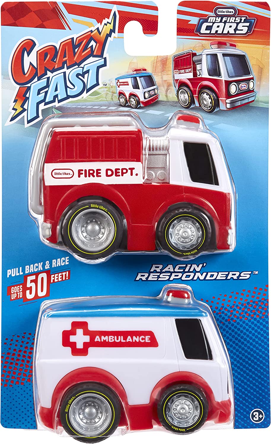 Little Tikes, My First Cars, Crazy Fast Cars 2-Pack Racin’ Responders, Fire Truck, Ambulance, Pullback Toy Car Vehicle Goes up to 50 ft