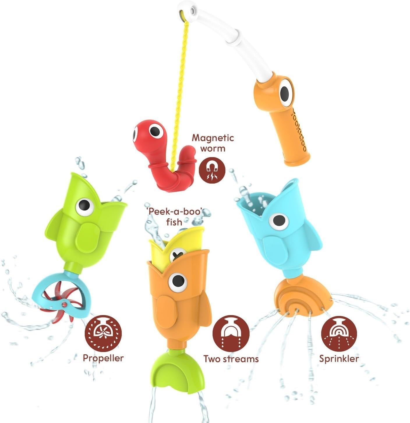 Yookidoo Bath Fishing Toy - 4 Piece Baby Bath Fishing Pole Toy Set - Catch 3 Magnetic Fish with 3 Different Actions - for Swimming Pool or Bathtub (Age 2+) (Blister Pack