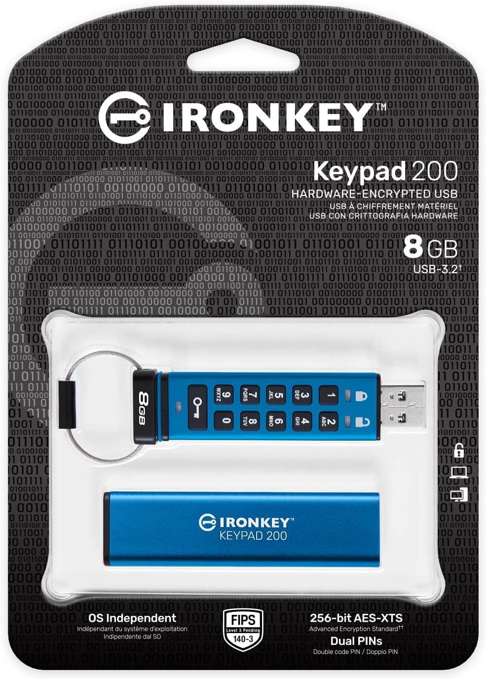Kingston IronKey Keypad 200 Type -A hardware-encrypted USB Flash Drive FIPS 140-3 Level 3 (Pending) with XTS-AES 256-bit Hardware Encryption - IKKP200/
