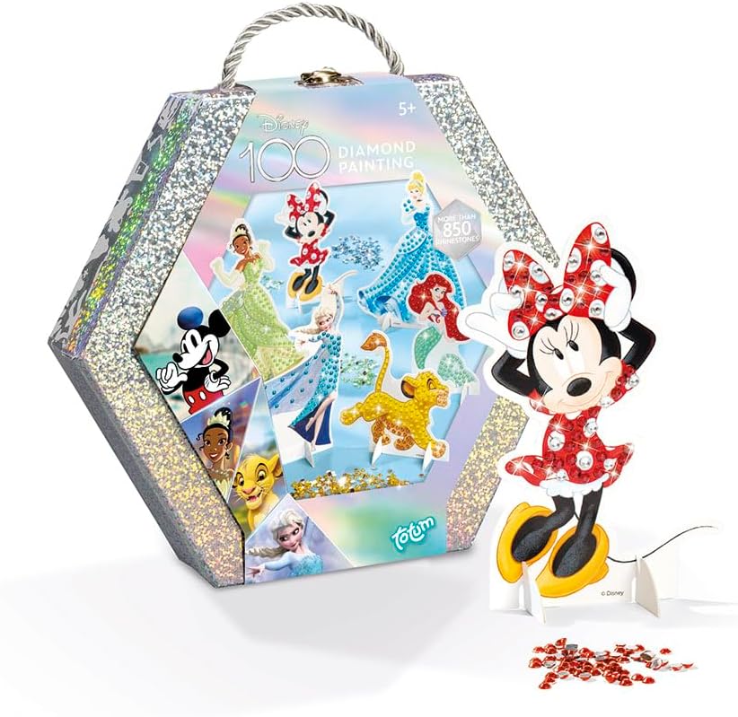 Totum Disney 100 Anniversary Diamond Painting Figures in Beautiful Gift Box - 6 Disney Characters to Decorate with Over 850 Diamonds in Glitter Craft Case Gift for Kids