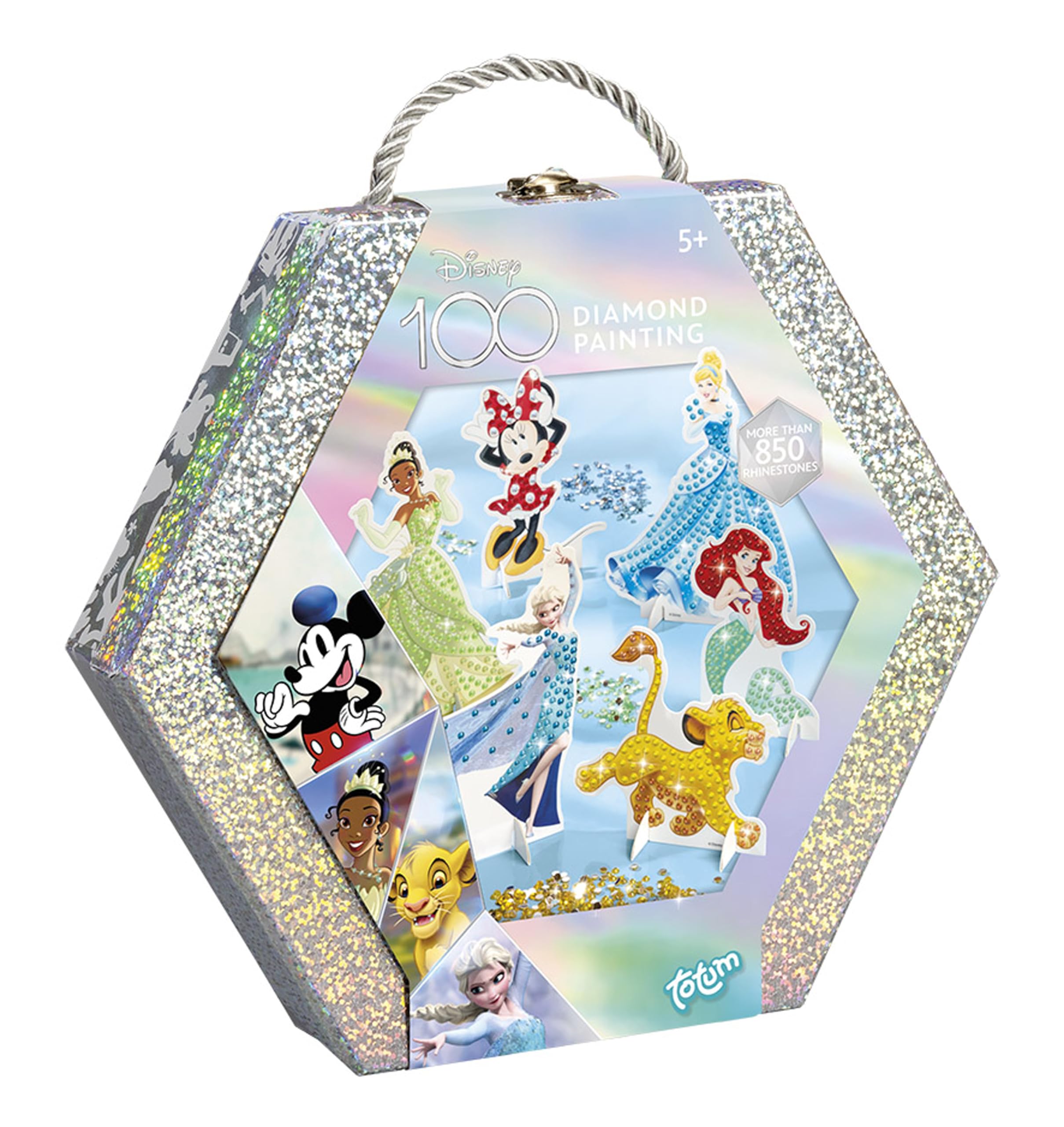 Totum Disney 100 Anniversary Diamond Painting Figures in Beautiful Gift Box - 6 Disney Characters to Decorate with Over 850 Diamonds in Glitter Craft Case Gift for Kids