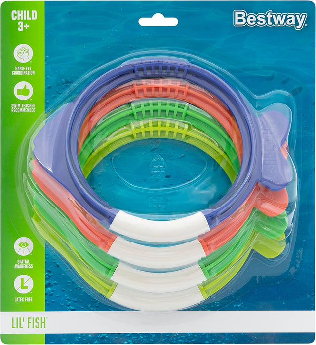 Bestway 4pcs Diving Toy Set | Swimming Pool Toys, Dive Rings Fish Underwater Set For Kids, Boys and Girls, Multiple Colours,20 x 15 x 1,5 cm