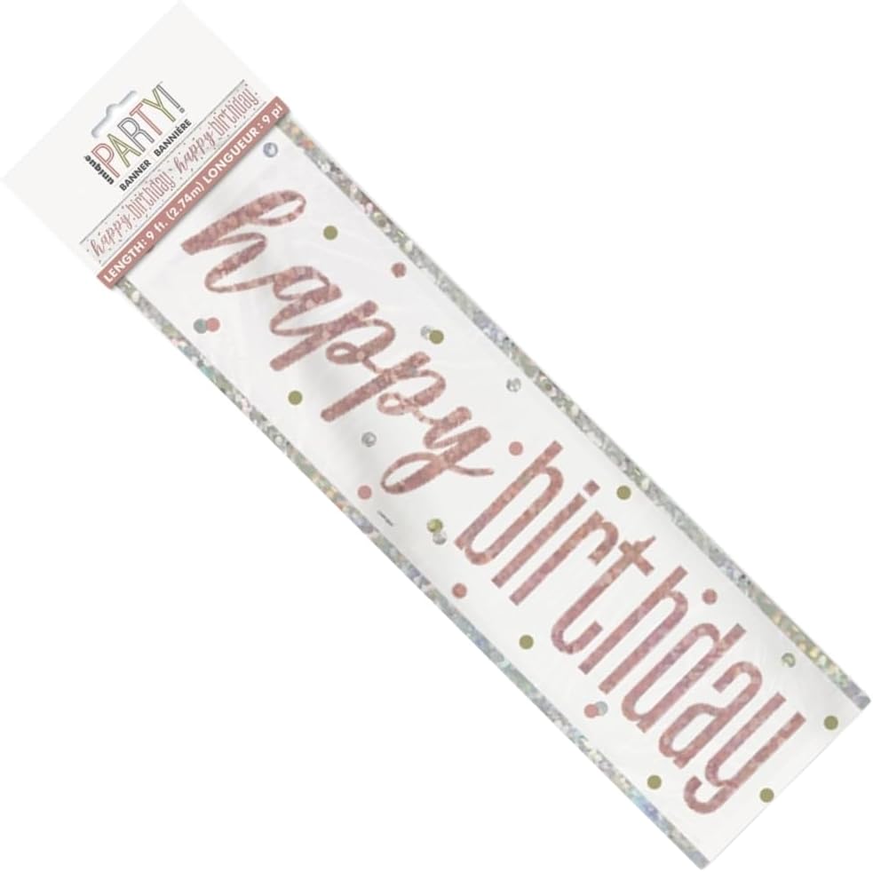Unique 84849 - Cartel de Feliz Cumpleaños - 2,74 m - Tema Glitz Oro Rosa y Plata - 1 Unidad (Paquete de 1