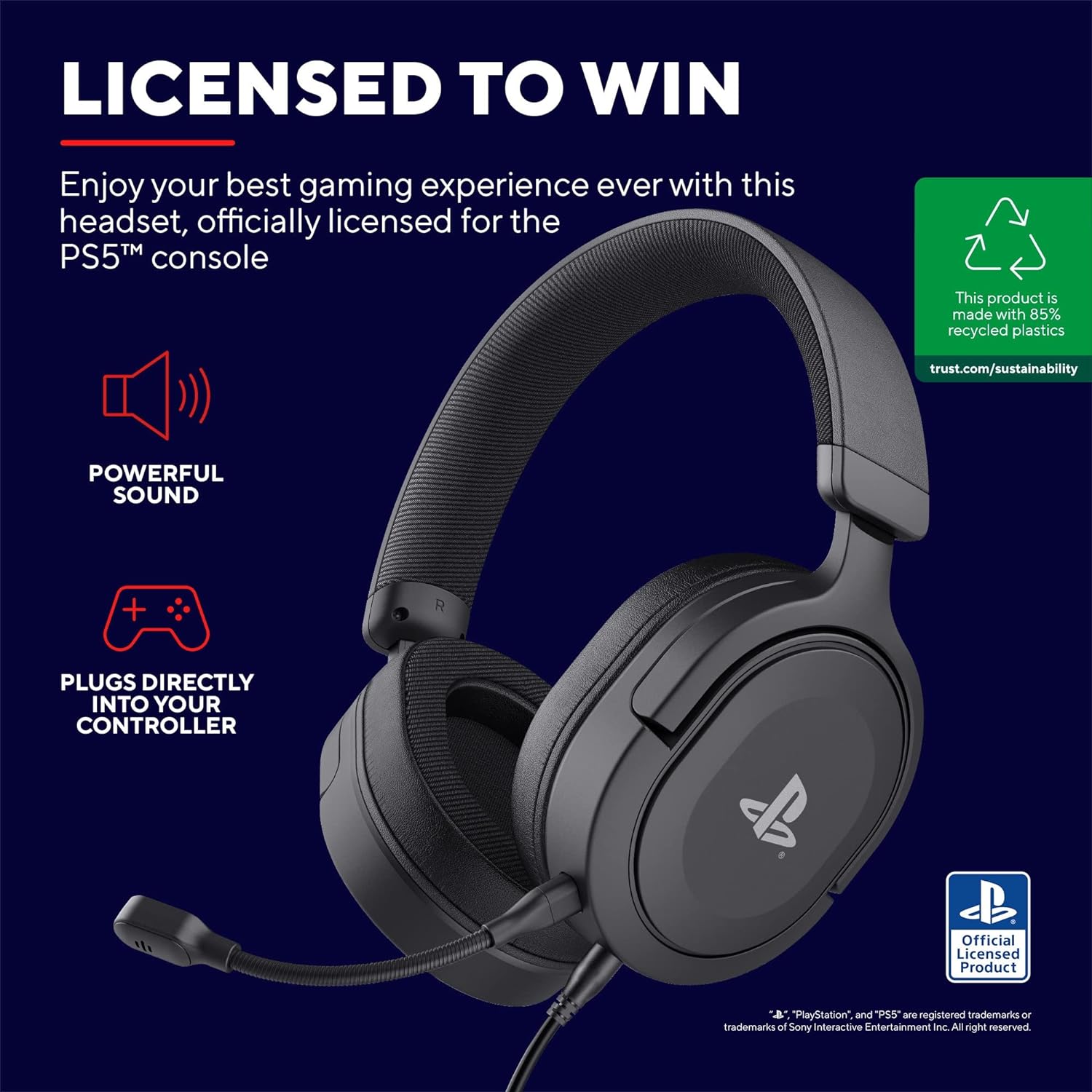 Trust Gaming GXT 498 Forta  Sustainable Gaming Headset for PS5 / PS4, 1.2m Cable, 50mm Drivers, Detachable Microphone, Wired Over-Ear Headphones