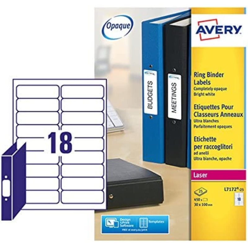 Avery L7172-25 - Etiqueta autoadhesiva para archivador (100 x 30 mm, 450 unidades), color blanco