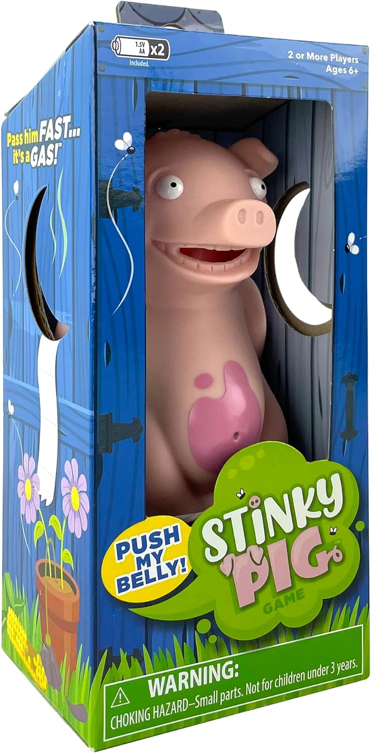 PlayMonster Stinky Pig Game - Gioco per bambini veloce e musicale attivo con suoni divertenti, tira i dadi e passalo velocemente prima che si muova - Per bambini dai 6 anni in su, bianco