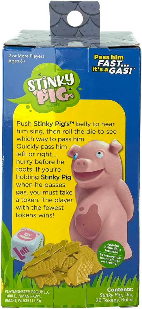 PlayMonster Stinky Pig Game - Gioco per bambini veloce e musicale attivo con suoni divertenti, tira i dadi e passalo velocemente prima che si muova - Per bambini dai 6 anni in su, bianco