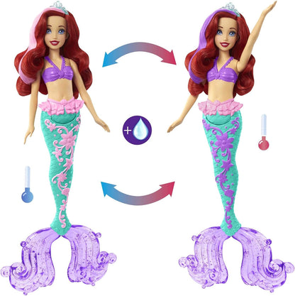 Mattel Disney Princess Toys, Ariel Mermaid Doll with Color-Change Hair and Tail, Color Splash Water Toy Inspired by the Disney Movie, HLW00