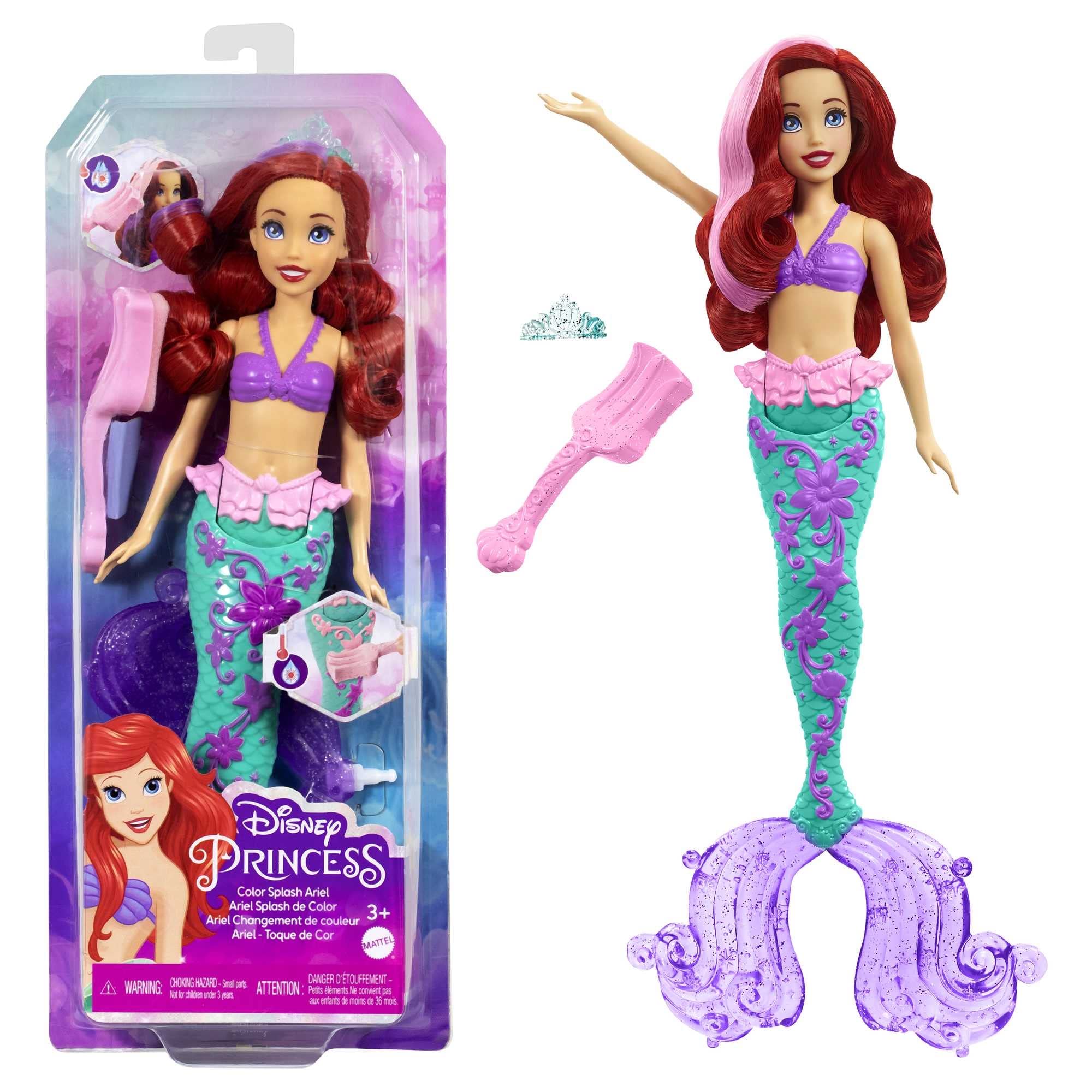 Mattel Disney Princess Toys, Ariel Mermaid Doll with Color-Change Hair and Tail, Color Splash Water Toy Inspired by the Disney Movie, HLW00