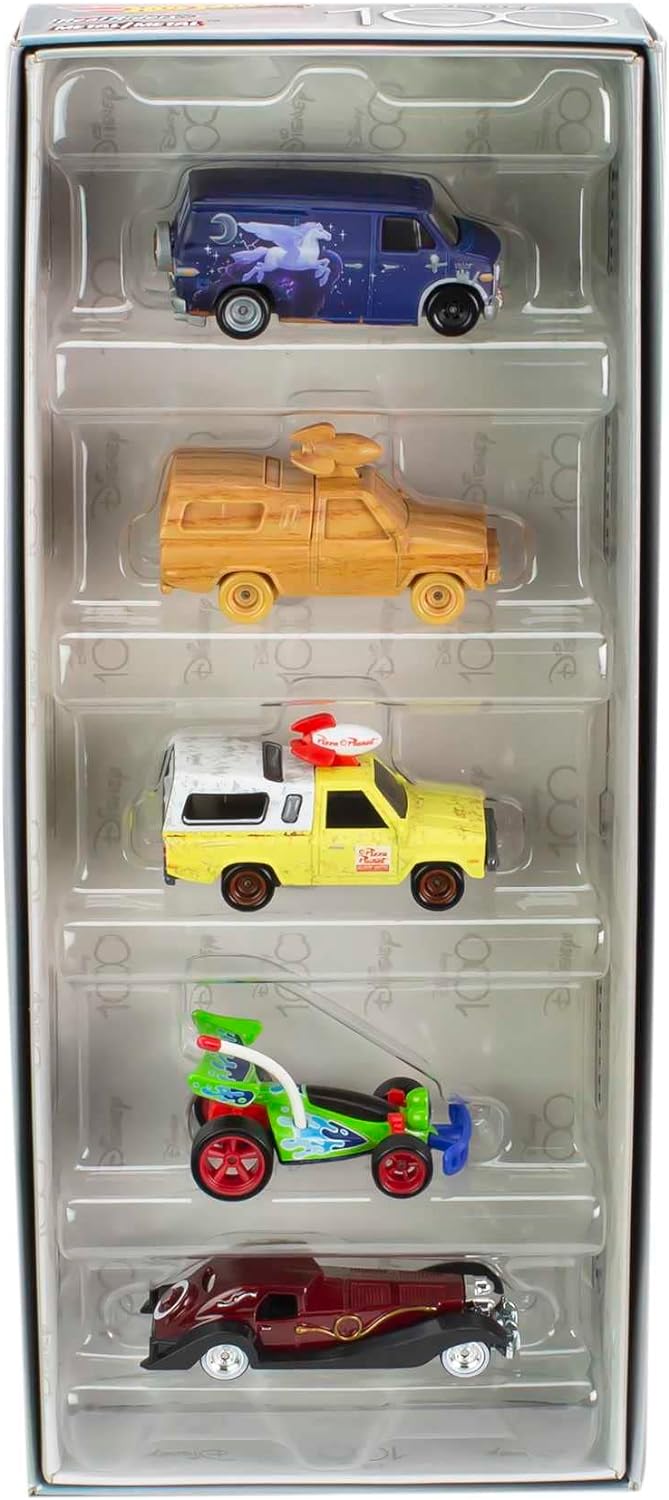 Hot Wheels Premium Disney 100 Bundle, 5 1:64 Scale Disney-Themed Premium Cars from Disney and Pixar, Commemorative Box for Collectors, HKF06