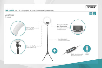 DIGITUS LED Ring Light 10 Inch Tripod Stand Phone Holder Adjustable tripod stand