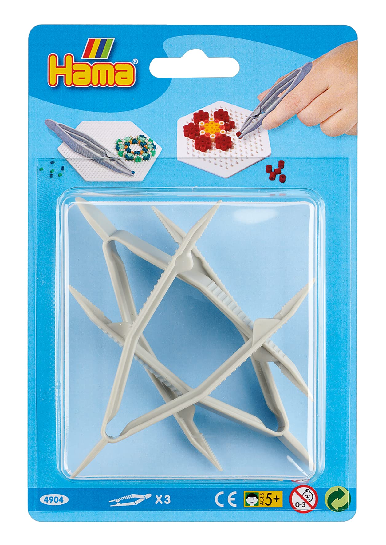 Hama Perlen 4904 Plastic Tweezers Set for Crafts with Ironing Beads, 3 Pieces, Creative Craft Fun for Children and Teenagers, Grey, Small