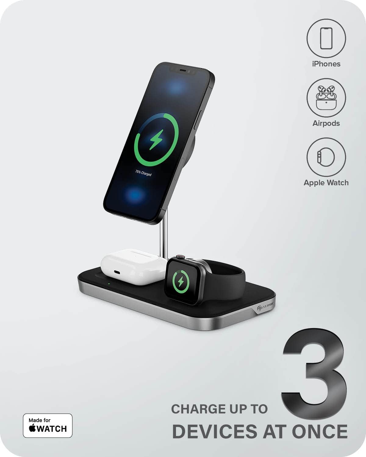 ALOGIC MagSpeed 3-in-1 Wireless Charging Station, MagSafe Compatible for iPhone 12/13 series, Wireless Charging enabled AirPods Case & All Apple Watch Models, LED indicator, Certified safe.