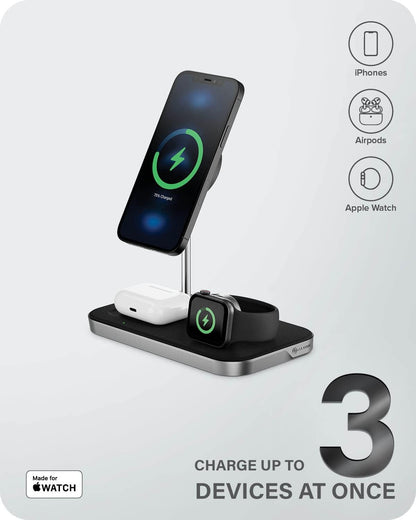 ALOGIC MagSpeed 3-in-1 Wireless Charging Station, MagSafe Compatible for iPhone 12/13 series, Wireless Charging enabled AirPods Case & All Apple Watch Models, LED indicator, Certified safe.