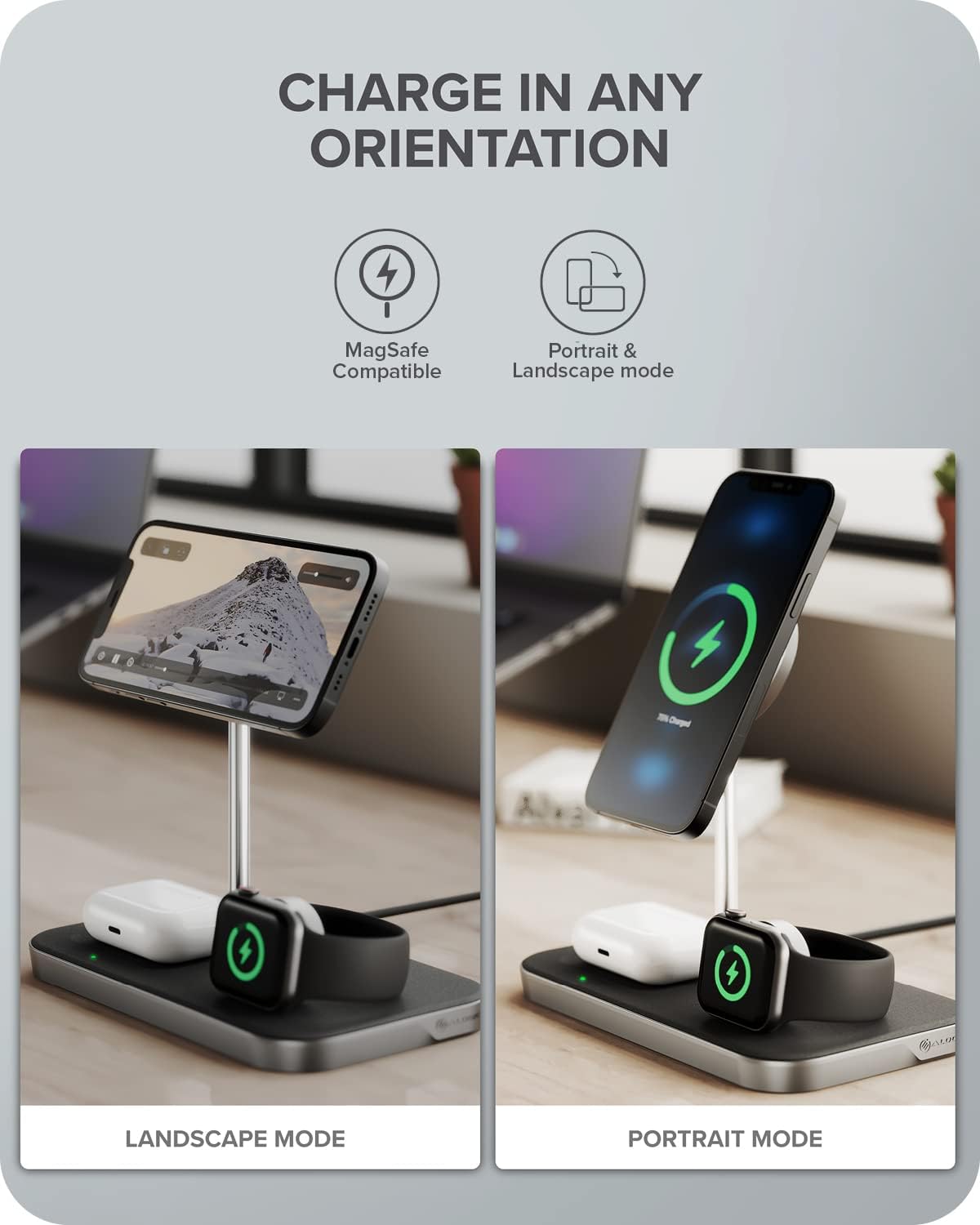 ALOGIC MagSpeed 3-in-1 Wireless Charging Station, MagSafe Compatible for iPhone 12/13 series, Wireless Charging enabled AirPods Case & All Apple Watch Models, LED indicator, Certified safe.